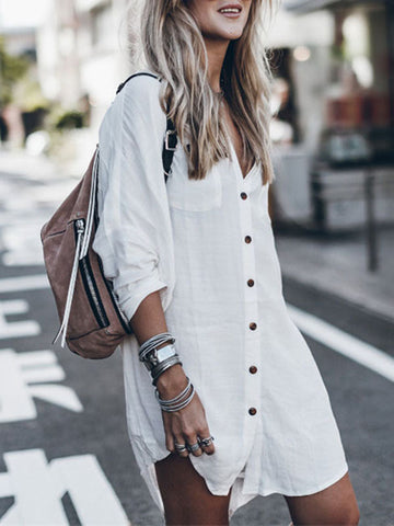 Woochic mi-longue blouse robe en lin boho boutonnage avec poches manches longues femme casual chemisier Blanche ONESIZE